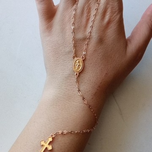 Gold Mary Coin + Cross Rosary Chain Necklace - Picture 4 of 4